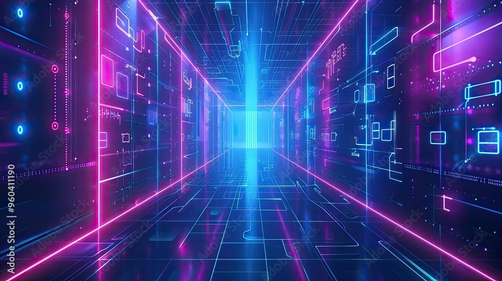 A futuristic corridor illuminated by vibrant neon lights, showcasing a blend of technology and imagination in a digital landscape. A futuristic corridor illuminated by vibrant neon lights, showcasing a blend of technology and imagination in a digital landscape.