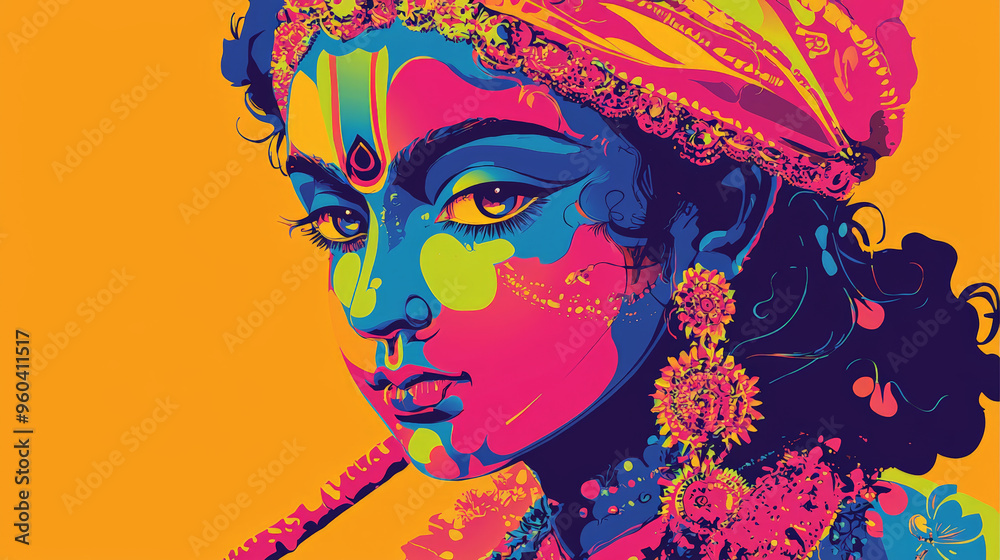 Naklejka premium Vibrant pop art depiction of figure with bold colors and intricate details, showcasing modern interpretation of traditional elements.