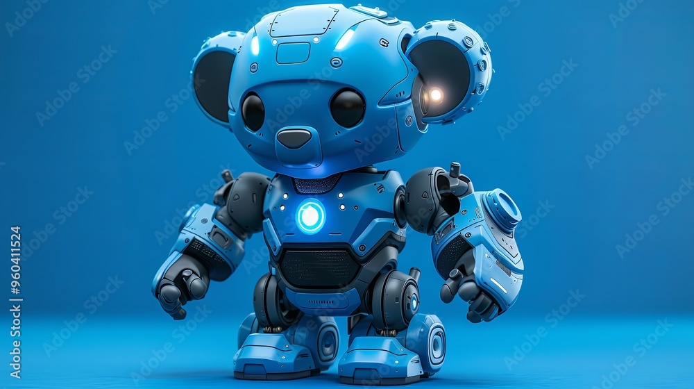 Little cute blue robot with bear ears. Friendly kawaii bot with glowing smiling face on the screen. Lovely Robotic Toy. Concept art funny personal assistant robot. 3d illustration on blue background Little cute blue robot with bear ears. Friendly kawaii bot with glowing smiling face on the screen. Lovely Robotic Toy. Concept art funny personal assistant robot. 3d illustration on blue background