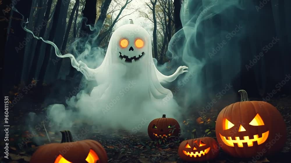 Spooky Glowing Ghost in a Dark Forest with Carved Pumpkins Spooky Glowing Ghost in a Dark Forest with Carved Pumpkins