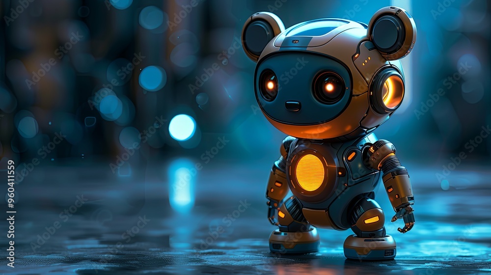 Little cute blue robot with bear ears. Friendly kawaii bot with glowing smiling face on the screen. Lovely Robotic Toy. Concept art funny personal assistant robot. 3d illustration on blue background Little cute blue robot with bear ears. Friendly kawaii bot with glowing smiling face on the screen. Lovely Robotic Toy. Concept art funny personal assistant robot. 3d illustration on blue background