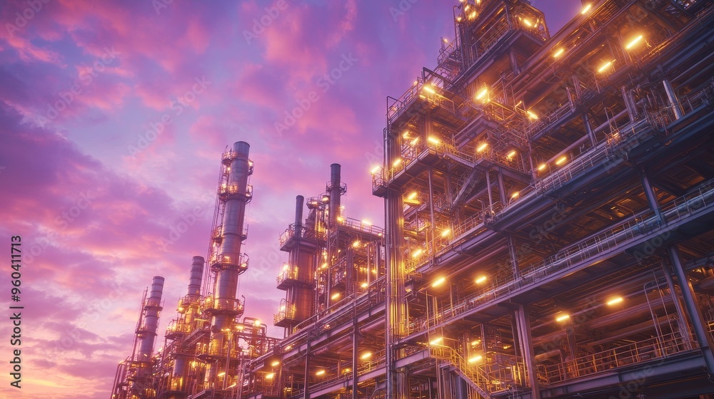 A vibrant industrial scene at sunset, showcasing a complex network of pipes and structures illuminated against a colorful sky. A vibrant industrial scene at sunset, showcasing a complex network of pipes and structures illuminated against a colorful sky.
