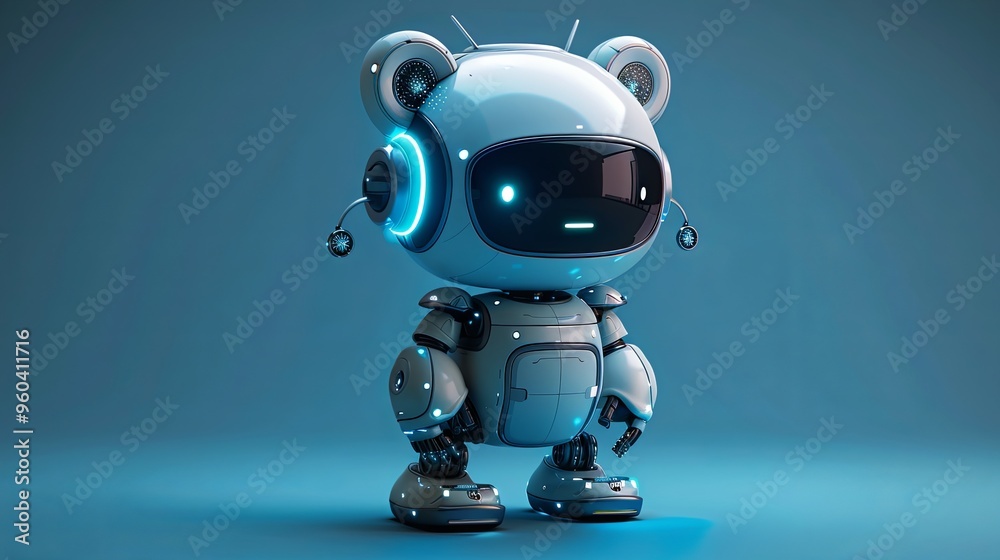 Little cute blue robot with bear ears. Friendly kawaii bot with glowing smiling face on the screen. Lovely Robotic Toy. Concept art funny personal assistant robot. 3d illustration on blue background Little cute blue robot with bear ears. Friendly kawaii bot with glowing smiling face on the screen. Lovely Robotic Toy. Concept art funny personal assistant robot. 3d illustration on blue background