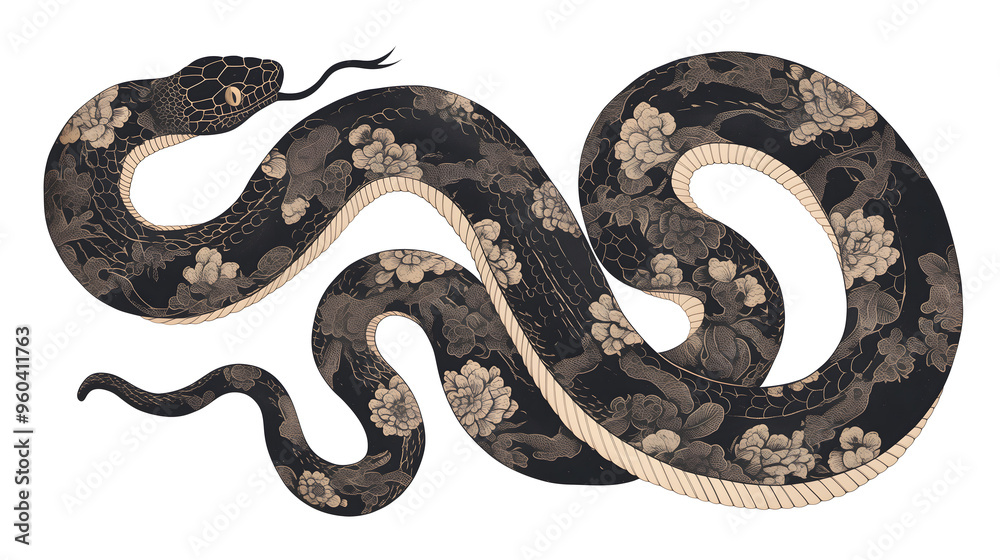 Obraz premium Black snake with a detailed floral motif skin ornament. Isolated cut out illustration for Chinese New Year 2025 greeting card