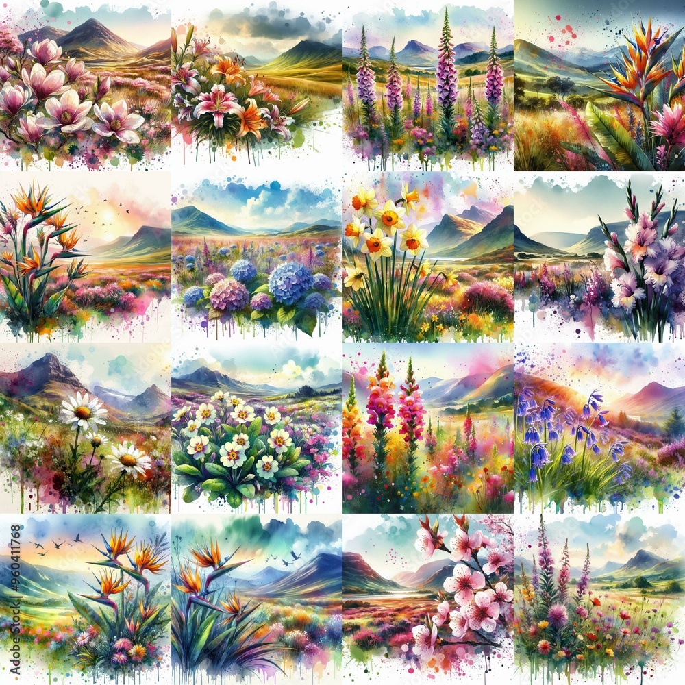 Naklejka premium watercolor flowers and mountains drawing style floral background. AI generated illustration