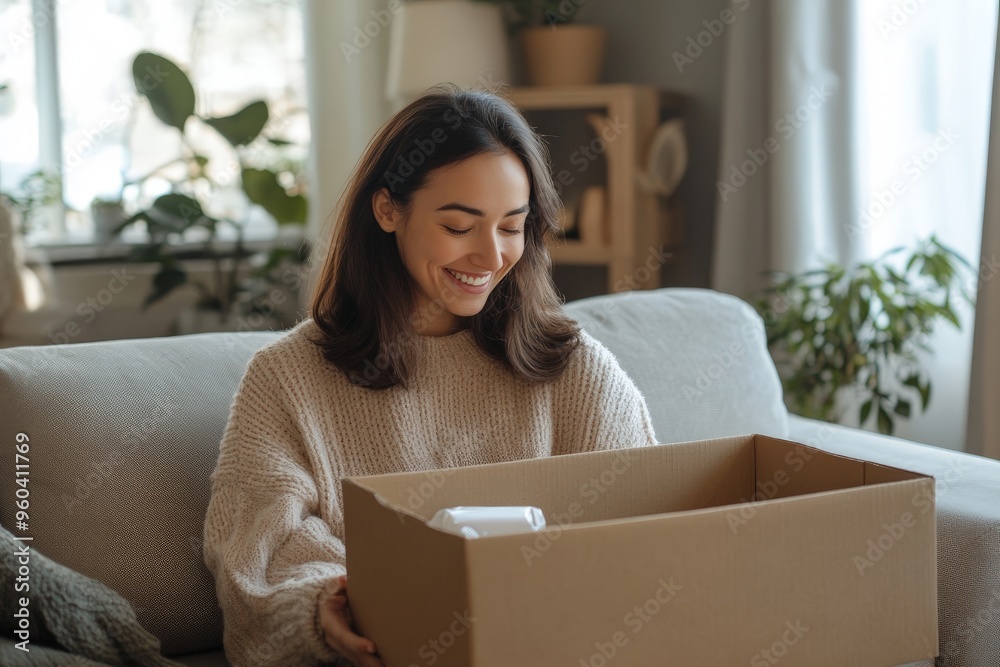 Happy woman unboxing a package at home in cozy living room Happy woman unboxing a package at home in cozy living room