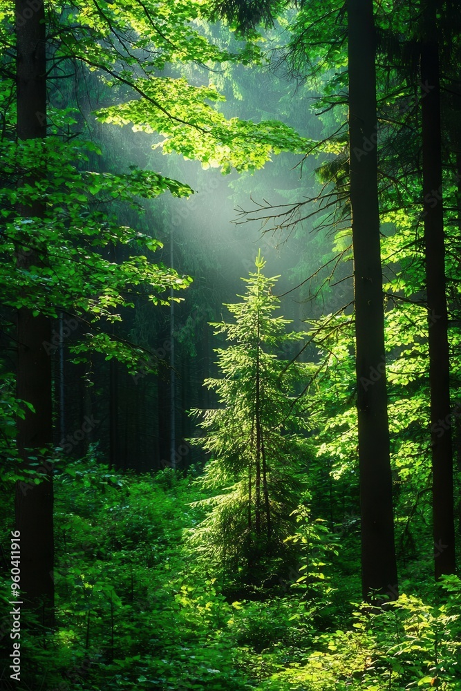 Fototapeta premium A serene forest scene bathed in soft light, highlighting vibrant green foliage and towering trees.