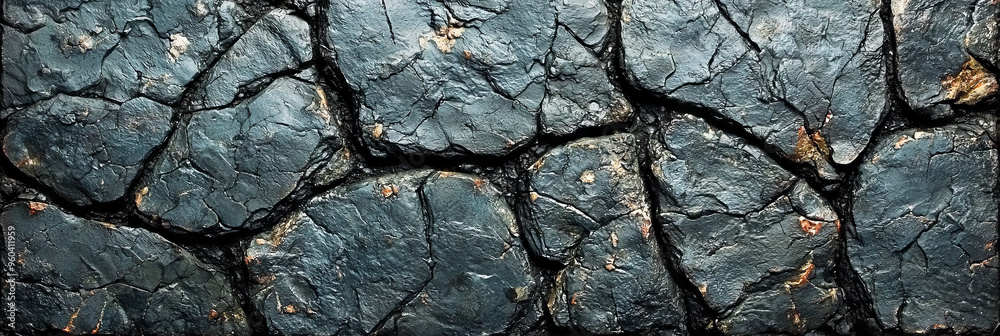 Fototapeta premium Close-up of a dark, cracked stone surface, showcasing intricate patterns and textures.