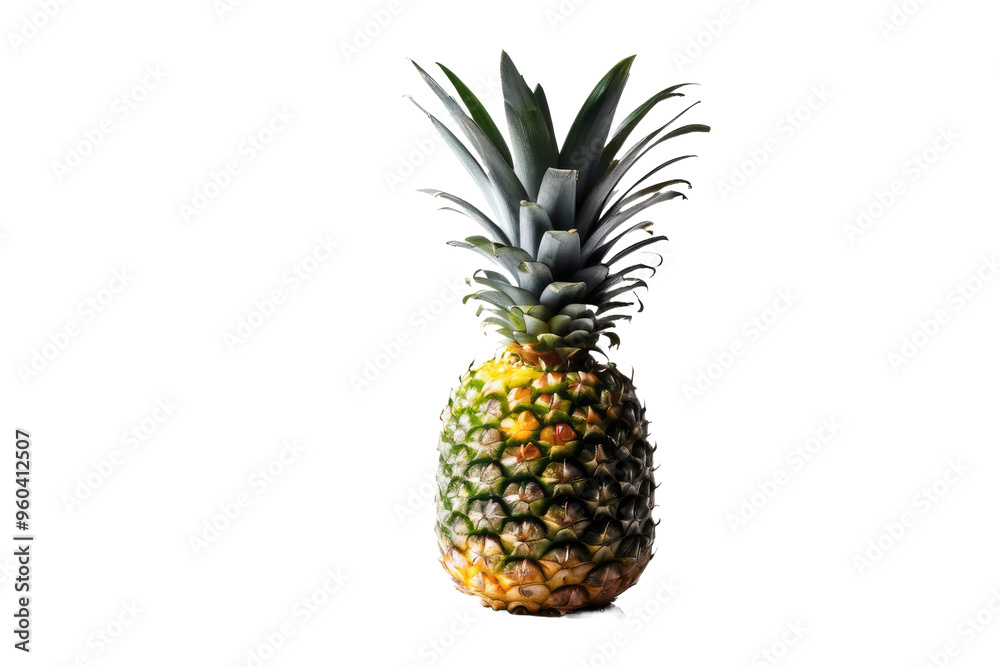 Pineapple standing tall in full body profile, crisp edges sharply delineated against a pristine white background, depth of field focused on its textured skin, casting a soft subtle shadow Pineapple standing tall in full body profile, crisp edges sharply delineated against a pristine white background, depth of field focused on its textured skin, casting a soft subtle shadow