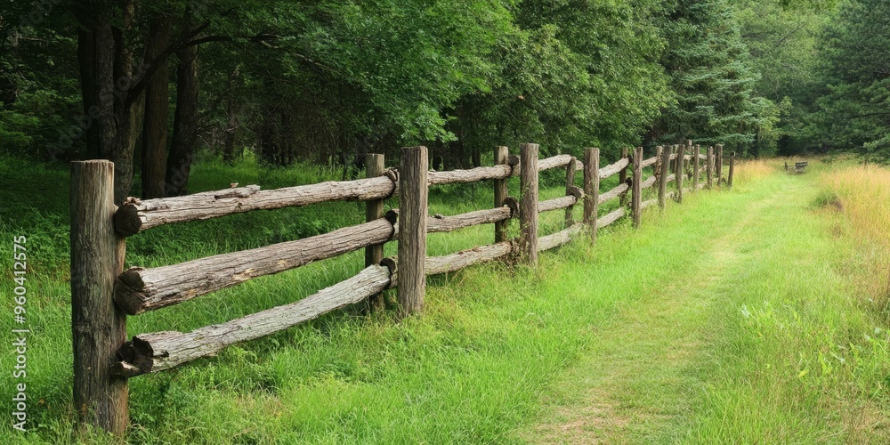 Wooden fence and path through grassy field. Wooden fence and path through grassy field.