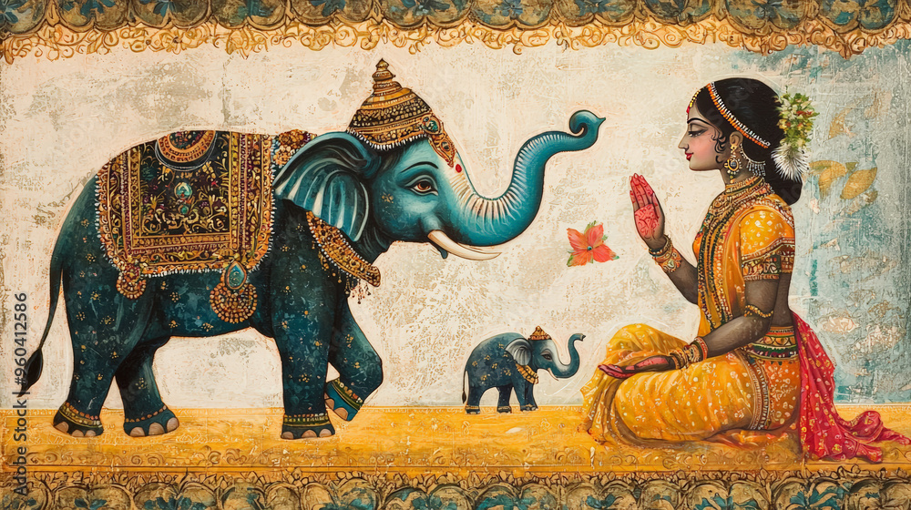 Fototapeta premium A woman in traditional attire interacts with decorative elephants, showcasing vibrant cultural scene. artwork reflects joy and reverence.