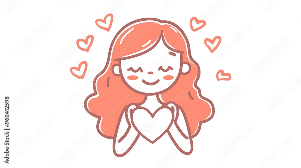 Joyful Woman Making Heart Shape with Hands in Simple Line Art Style Clipart on White Background with Pink Hearts - Vector Illustration Joyful Woman Making Heart Shape with Hands in Simple Line Art Style Clipart on White Background with Pink Hearts - Vector Illustration