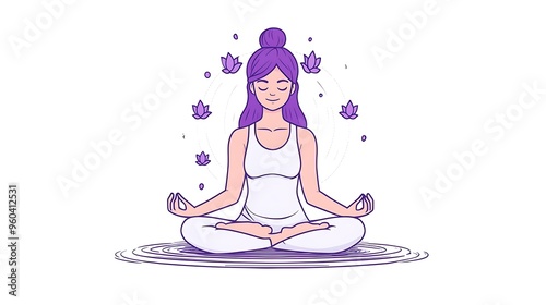 Tranquil Woman Meditating in Lotus Position with Violet Hair - Minimalistic Line Art Clipart of Calm Yoga Icon on White Background