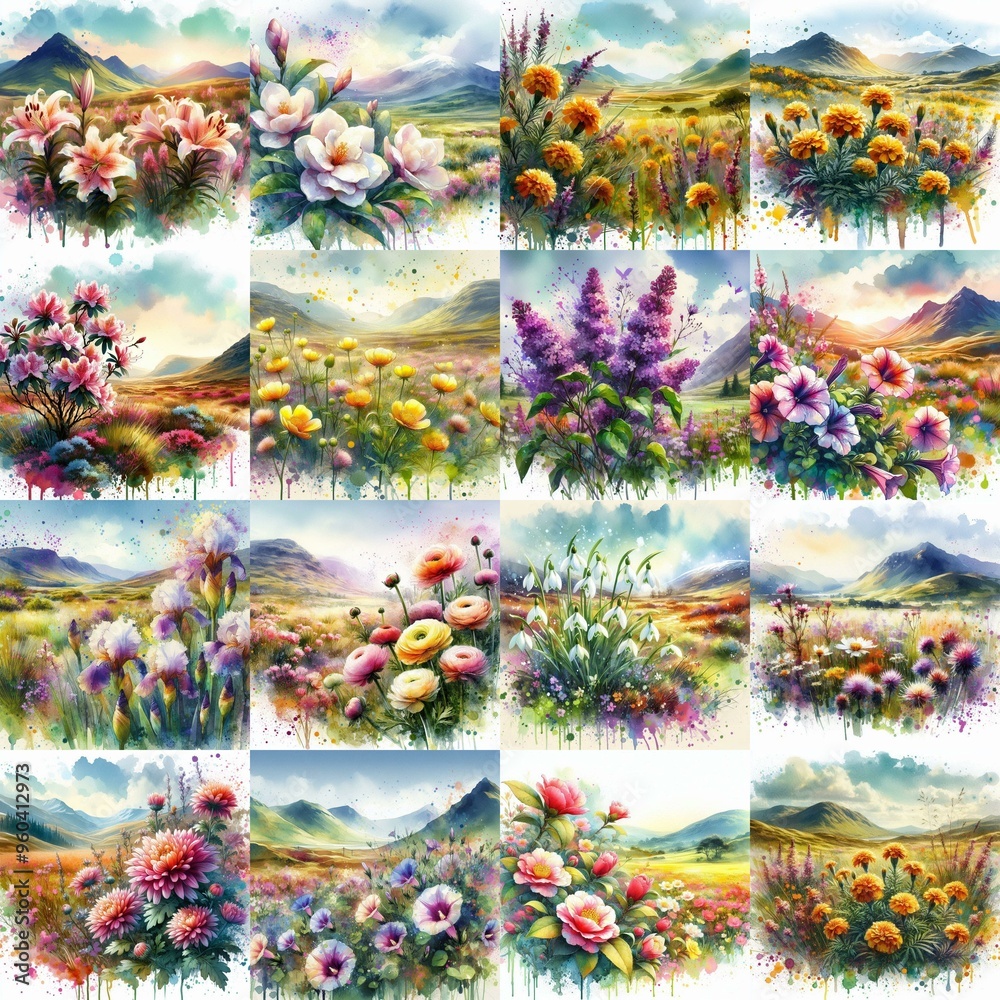 Naklejka premium watercolor flowers and mountains drawing style floral background. AI generated illustration
