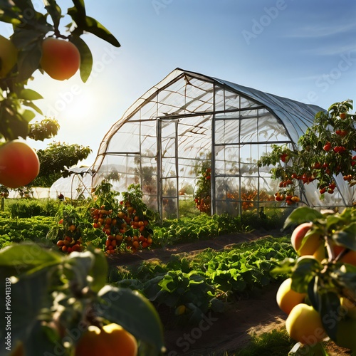 Farming, eco-friendly farming, orchards, greenhouses, hydroponics, future farming, automated systems, hybrid farming, factories, automatic packaging, robots, tomatoes, avocados, apples, grapes, waterm photo