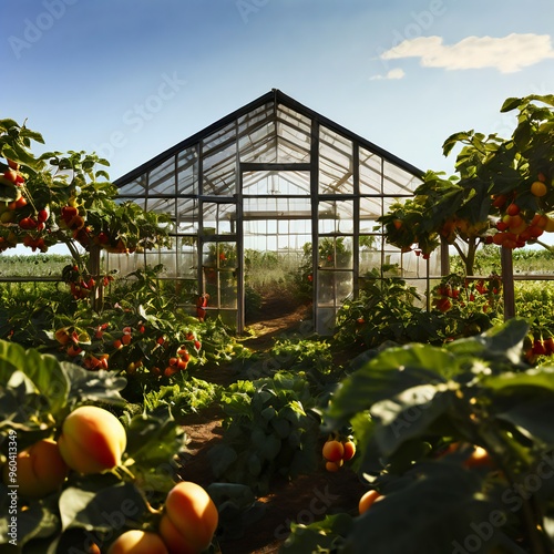 Farming, eco-friendly farming, orchards, greenhouses, hydroponics, future farming, automated systems, hybrid farming, factories, automatic packaging, robots, tomatoes, avocados, apples, grapes, waterm photo