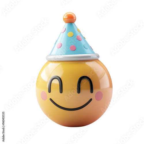 Cheerful smiley face with a colorful party hat, perfect for celebrating joy and happiness in festive designs. photo