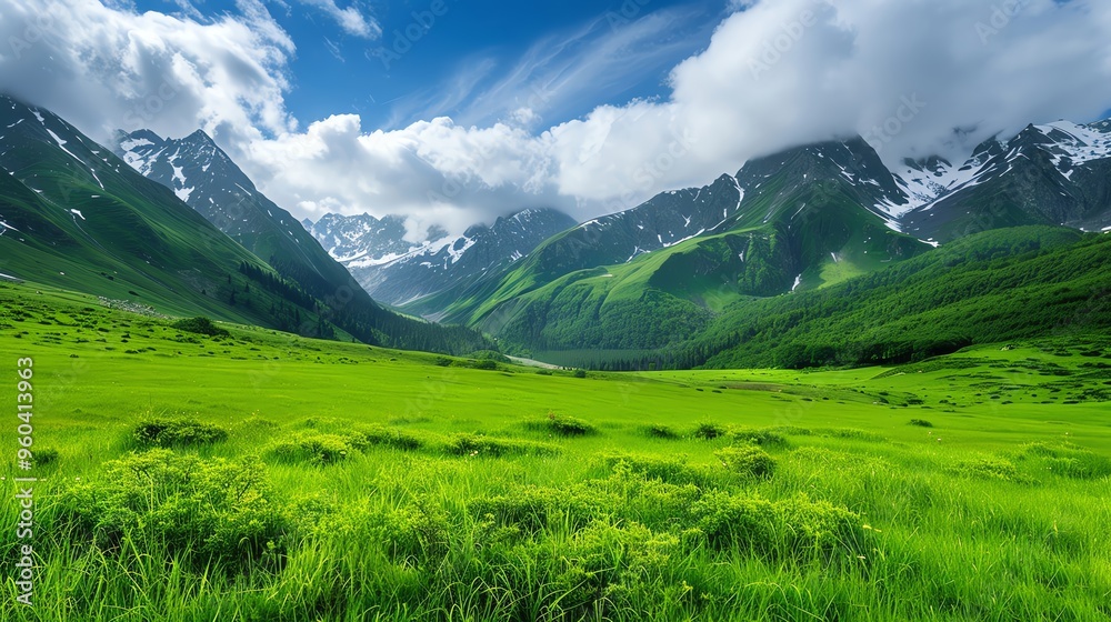 Fototapeta premium Breathtaking landscape showcasing vibrant green valleys and majestic mountains under a dramatic blue sky.