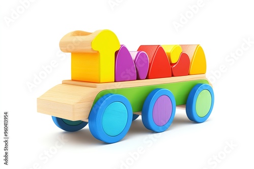 Colorful wooden toy train with geometric blocks for play and educational development in children. photo