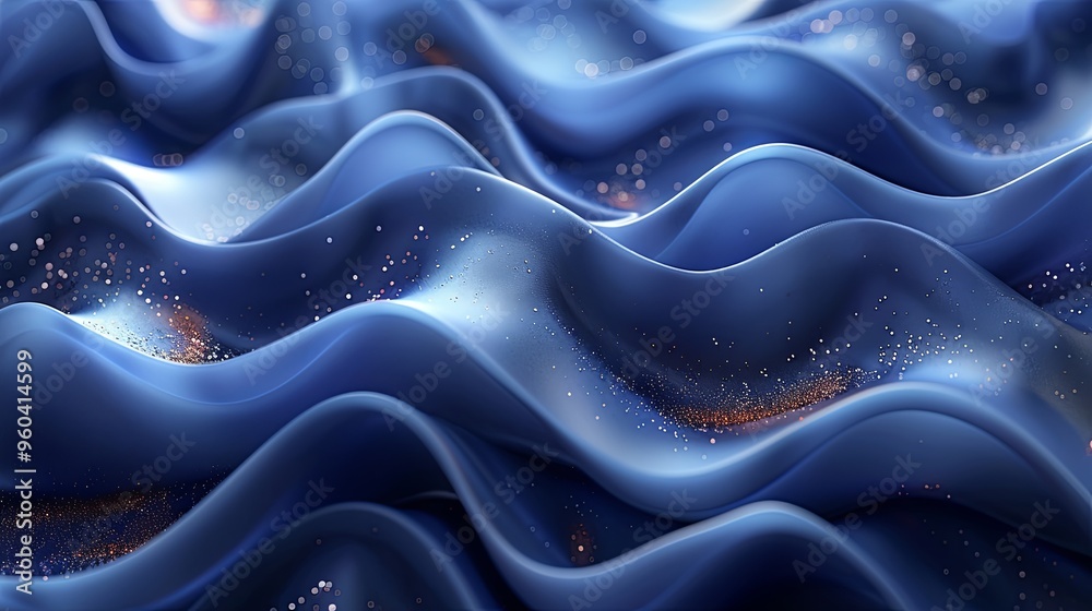 Obraz premium looped festive liquid BG in 4k. Abstract wavy pattern on bright glossy surface, liquid gradient blue color, waves on paint fluid in smooth animation. Glitters on viscous 3d liquid. Creative backdro