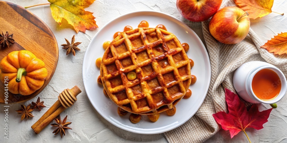 Top view of homemade pumpkin waffles drizzled with apple cider on a white plate Top view of homemade pumpkin waffles drizzled with apple cider on a white plate