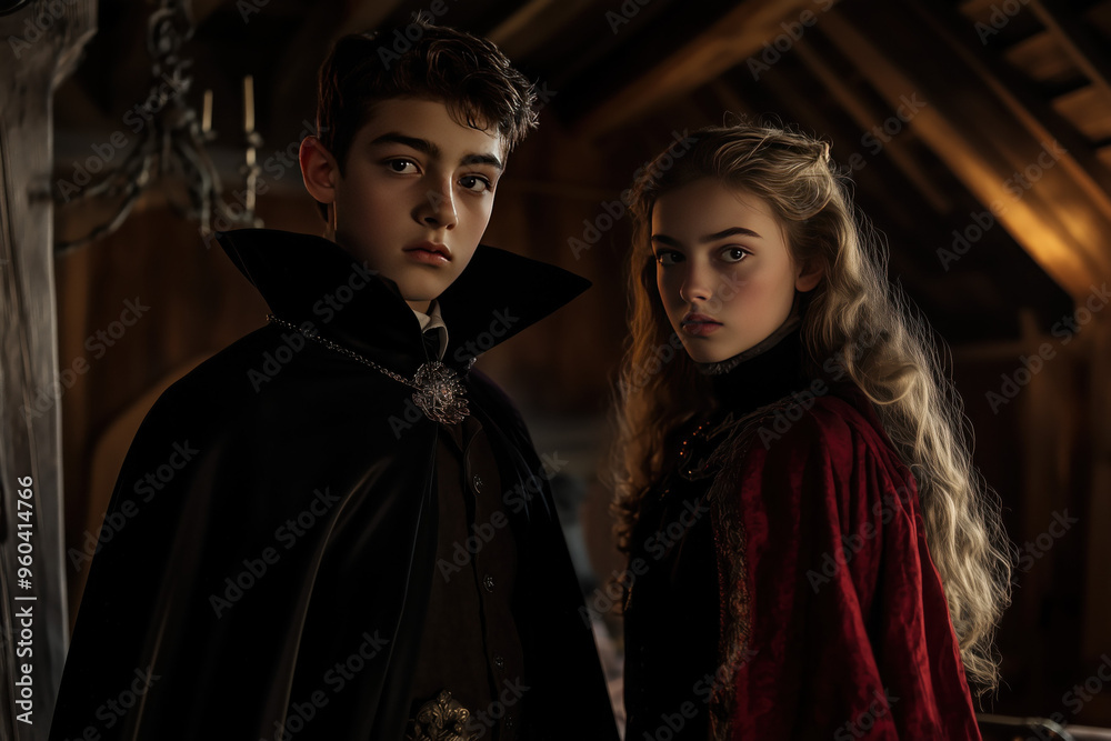 teenage boy, dressed as Dracula and a teenage girl dressed as Dracula, in the living room of a medieval haunted house, mysterious lighting teenage boy, dressed as Dracula and a teenage girl dressed as Dracula, in the living room of a medieval haunted house, mysterious lighting