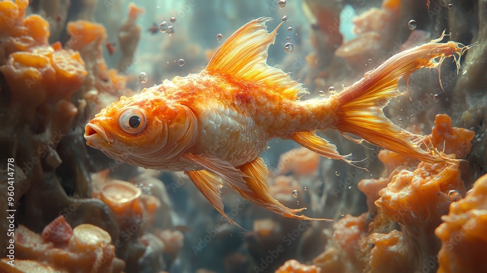 A fish swimming through a sea of melted cheese, with pizza slices as coral and toppings floating around like sea creatures. Creative concept art, high resolution, detailed, colorful, surrealistic, A fish swimming through a sea of melted cheese, with pizza slices as coral and toppings floating around like sea creatures. Creative concept art, high resolution, detailed, colorful, surrealistic,