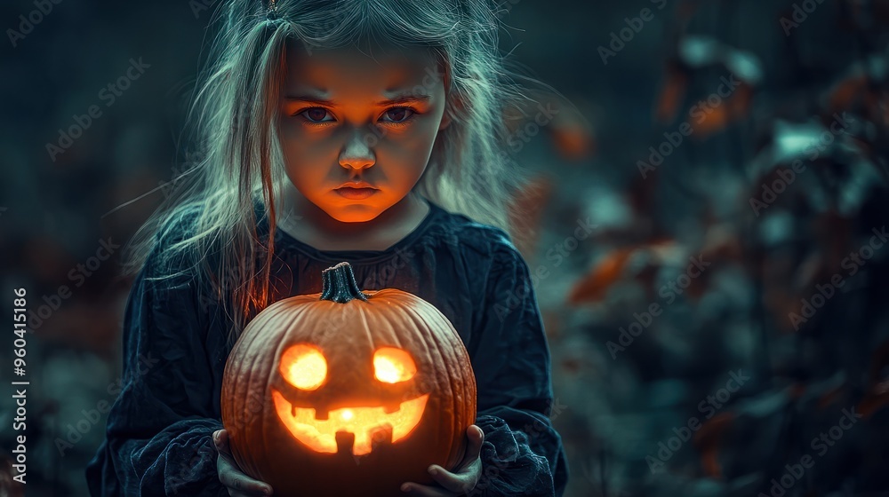 Naklejka premium girl kid with Sinister Expression Holding Glowing Pumpkin at Night
