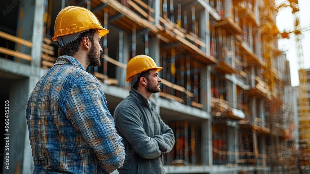 Collaboration in Construction: Businessman and Engineer Overseeing Project with Cranes and Building Site Background Collaboration in Construction: Businessman and Engineer Overseeing Project with Cranes and Building Site Background