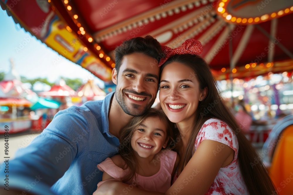 Naklejka premium Happy family of three enjoying a fun day at the amusement park, posing for a selfie with bright smiles and a colorful carousel background.