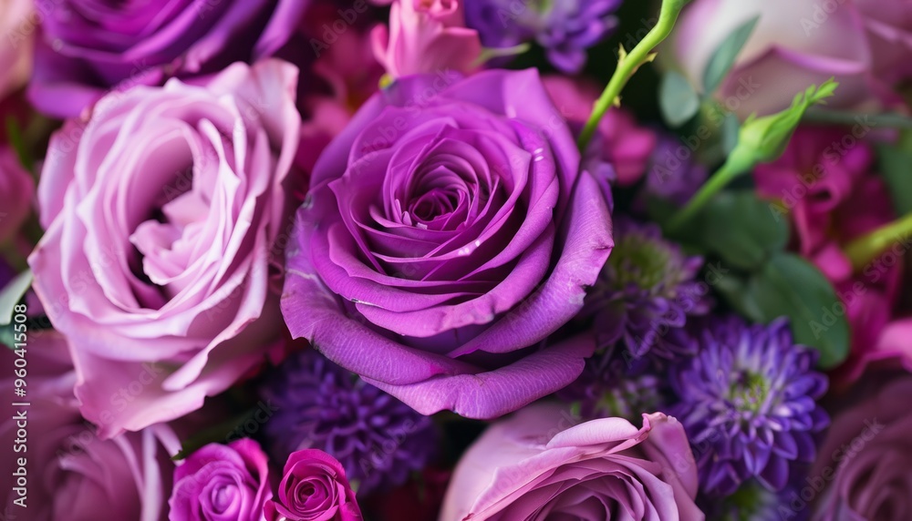 Enchanting Arrangement: Violet Roses and Other Exquisite Flowers in Stunning Close-Up Shot