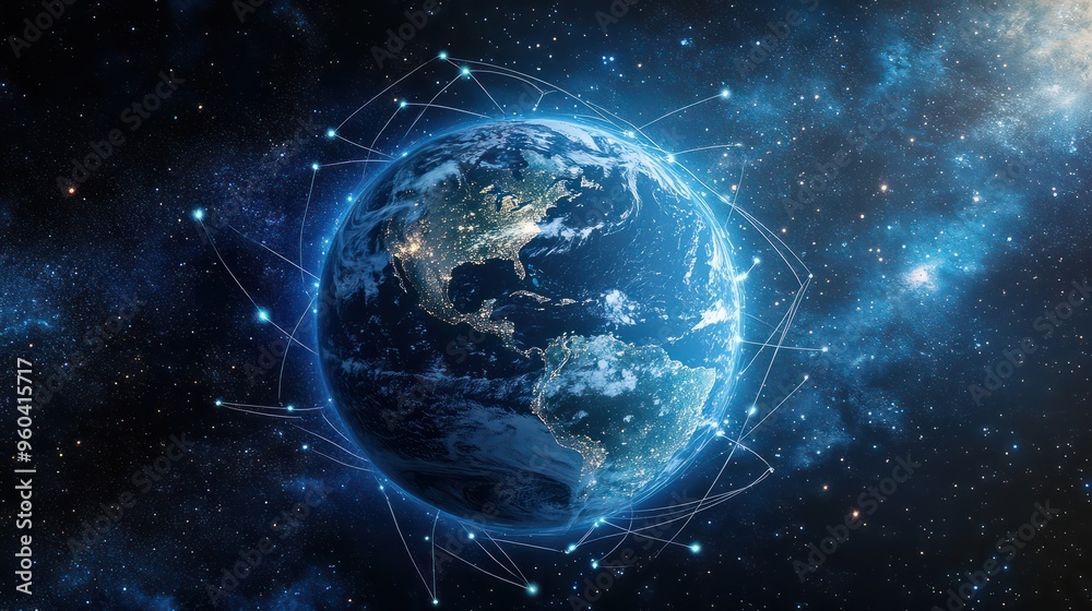 Global network concept with digital planet Earth - A digital representation of global connectivity with network lines and nodes overlaying Earth, representing international communication Global network concept with digital planet Earth - A digital representation of global connectivity with network lines and nodes overlaying Earth, representing international communication