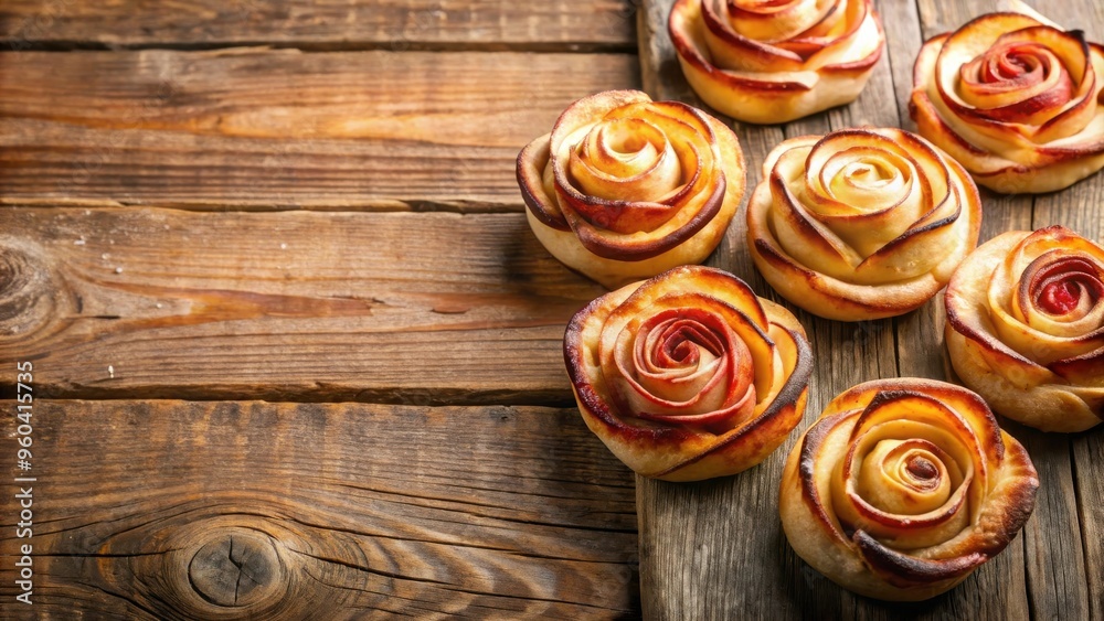Plate of apple roses made from puff pastry on wooden background Plate of apple roses made from puff pastry on wooden background