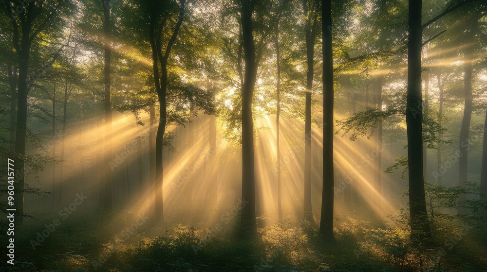 A misty forest at dawn with rays of sunlight piercing through the trees, creating a mystical atmosphere. A misty forest at dawn with rays of sunlight piercing through the trees, creating a mystical atmosphere.