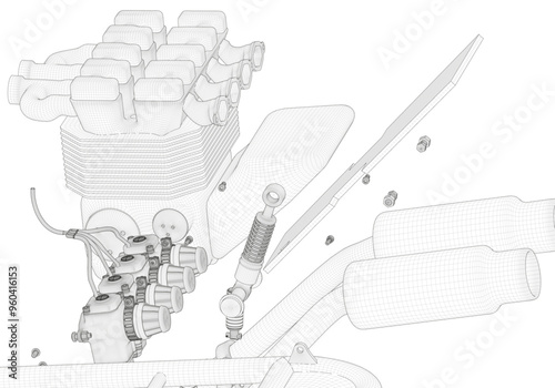 Motorcycle engine and exhaust pipes on white background.