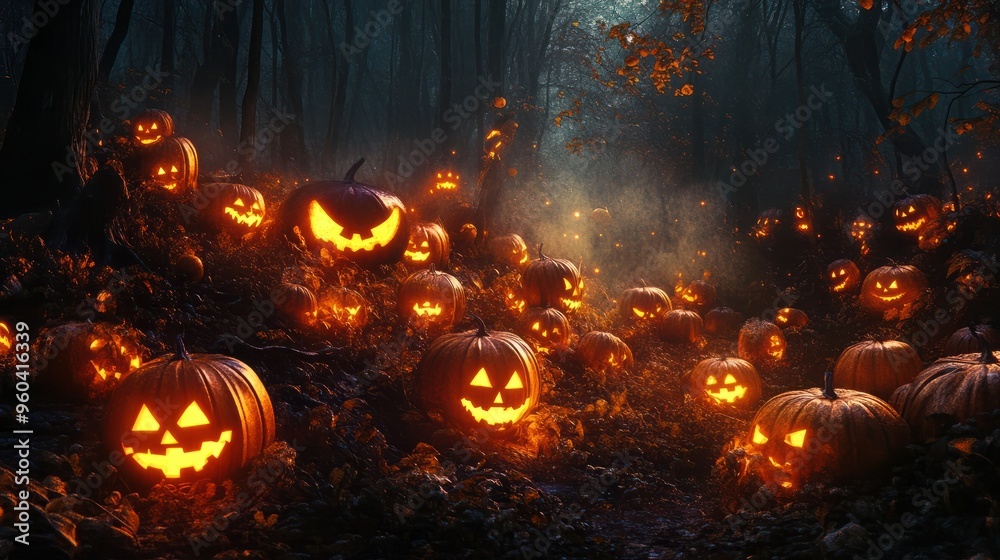 Naklejka premium glowing pumpkin heads in dark halloween magic forest, neural network generated art. Digitally generated image. Not based on any actual scene or pattern.