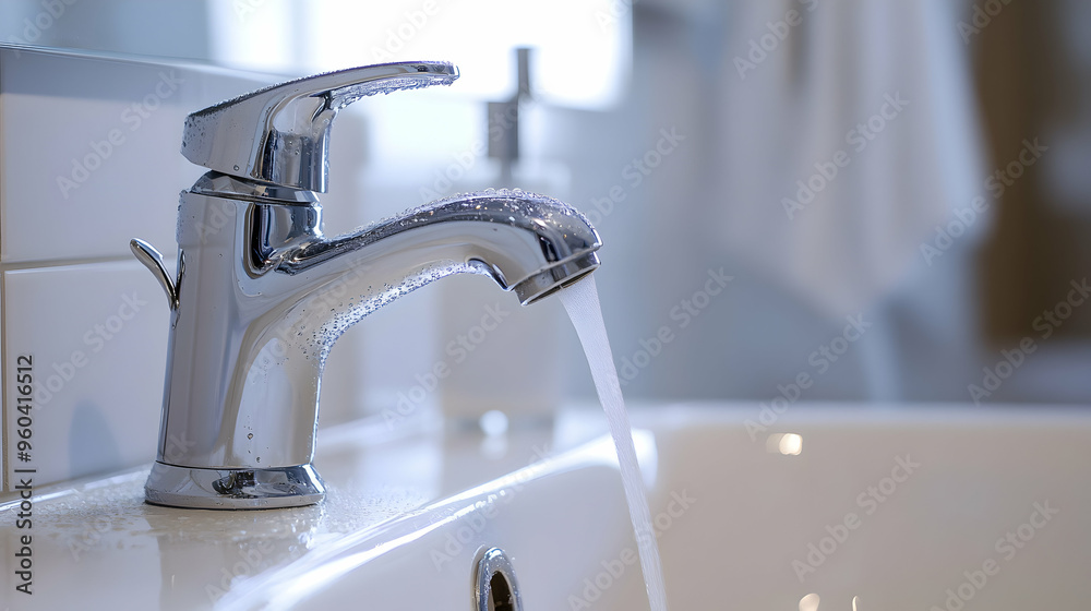 A close-up shot of a polished silver faucet in a contemporary white bathroom, water droplets delicately clinging to the spout, against a pristine white sink A close-up shot of a polished silver faucet in a contemporary white bathroom, water droplets delicately clinging to the spout, against a pristine white sink