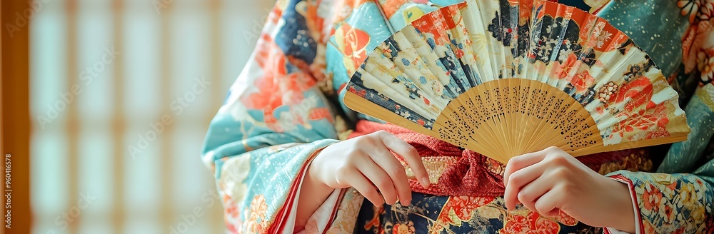 Fototapeta premium Elegant Woman in Vibrant Kimono Holding Fan - Close-up Portrait with Intricate Patterns and Colors
