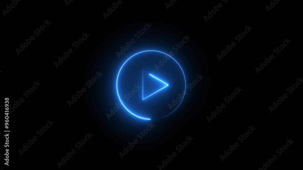 Glowing neon video play button on black background. play circular button neon icon.