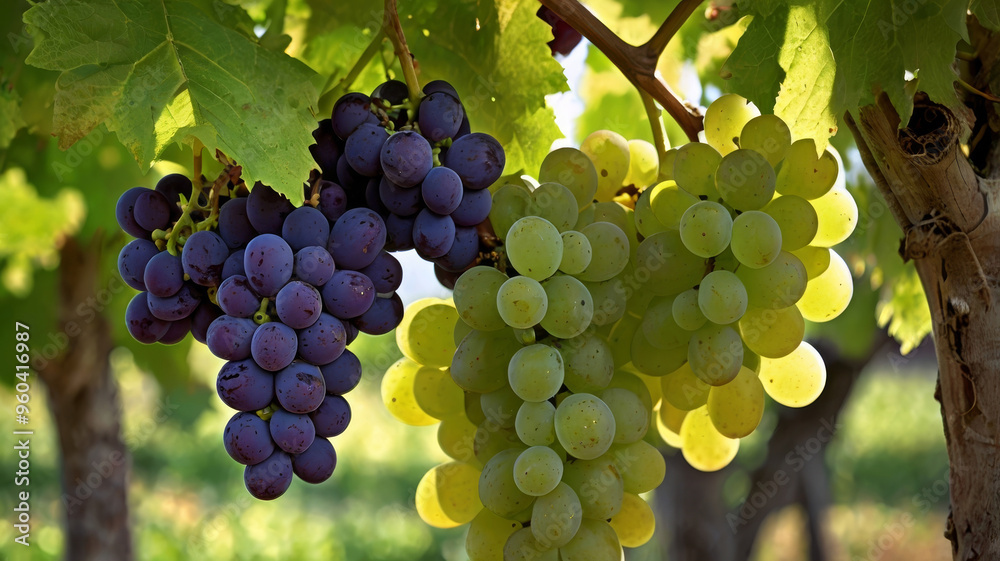 High-resolution, close-up photograph of ripe, green grapes hanging from a vine. The grapes are clustered together in large bunches, with some individual grapes showing a slight sheen, indicating their High-resolution, close-up photograph of ripe, green grapes hanging from a vine. The grapes are clustered together in large bunches, with some individual grapes showing a slight sheen, indicating their