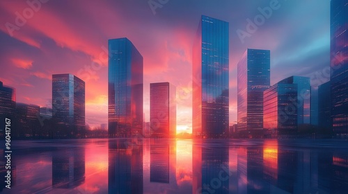 Futuristic skyline of La Défense business district: sleek skyscrapers reflecting sunset light, urban utopia