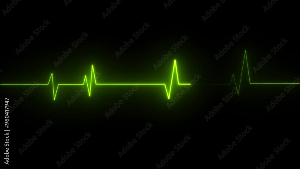 Neon Digital Heartbeat Plus Animation. Neon heartbeat on black isolated background.