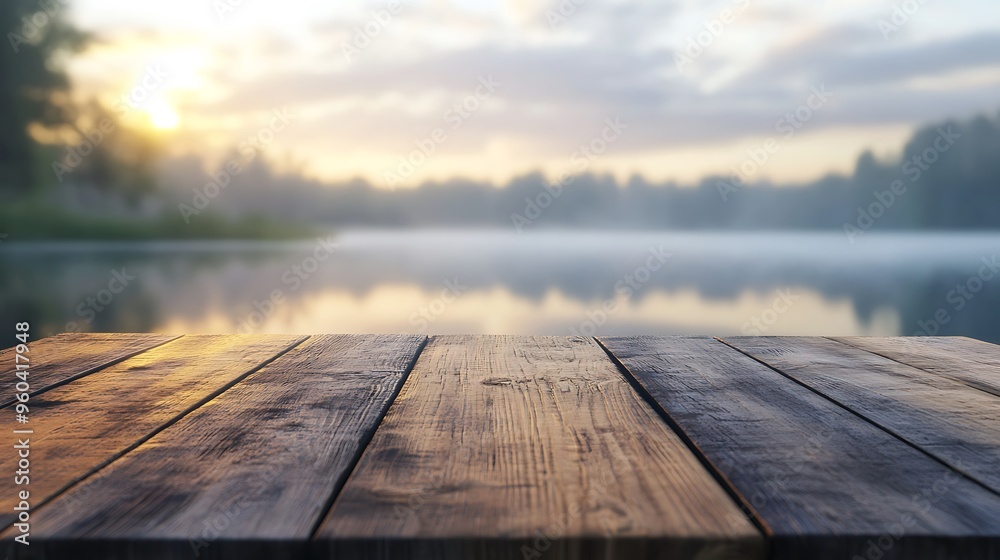 Tranquil Morning by the Lake: Close-up 3D Render of Reclaimed Wood Table with Peaceful Dawn Background Tranquil Morning by the Lake: Close-up 3D Render of Reclaimed Wood Table with Peaceful Dawn Background