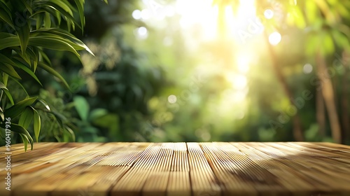 Serene Bamboo Table in Tropical Rainforest Setting - 3D Rendering Close-Up photo