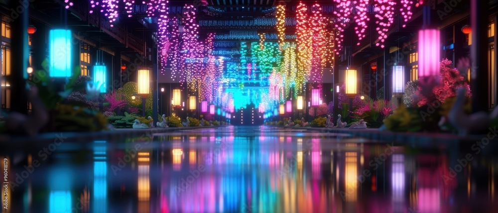 Fototapeta premium Bustling Night Market in a Vibrant Cityscape - with Colorful Lights and Lively Ambiance