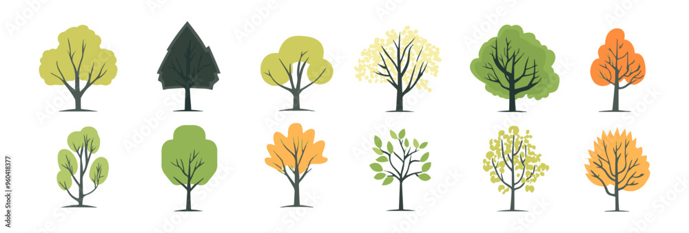 Tree and leaf collection hand drawn flat design element. botanical set of bare trees and ones with leaves and lush limited pastel color Tree and leaf collection hand drawn flat design element. botanical set of bare trees and ones with leaves and lush limited pastel color