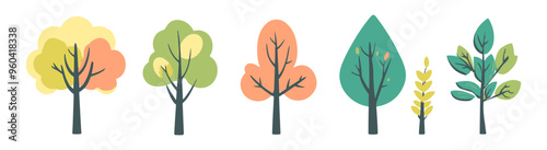 Tree and leaf collection hand drawn flat design element. botanical set of bare trees and ones with leaves and lush limited pastel color