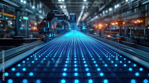 futuristic solar panel production facility sleek robotic arms precisely assembling highefficiency panels on conveyor belt bathed in cool blue light photo