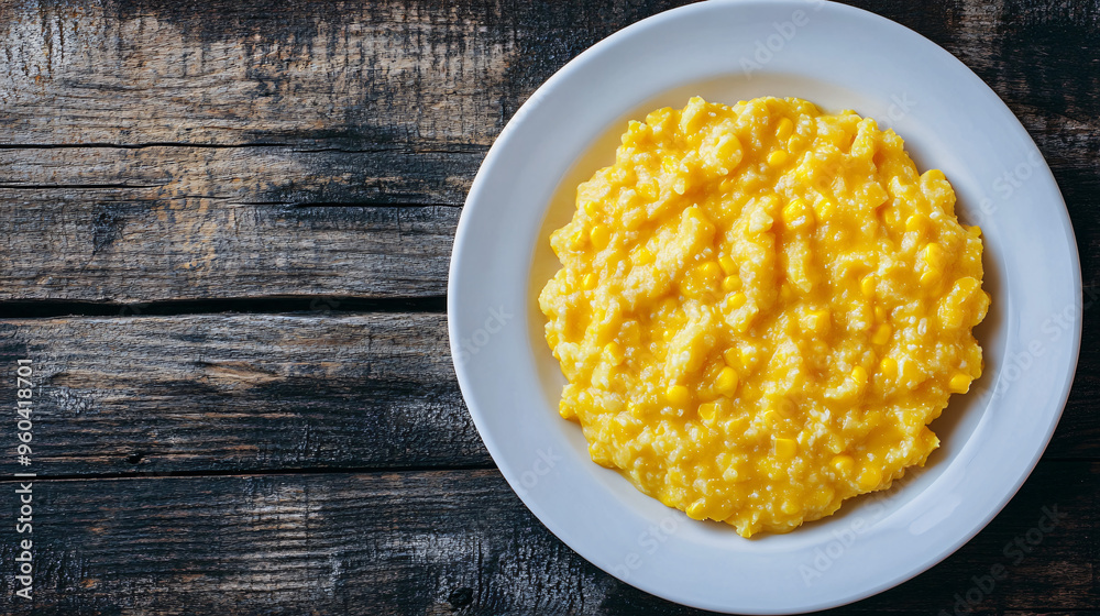 Hot polenta with corn served on a white plate on a vintage wooden table