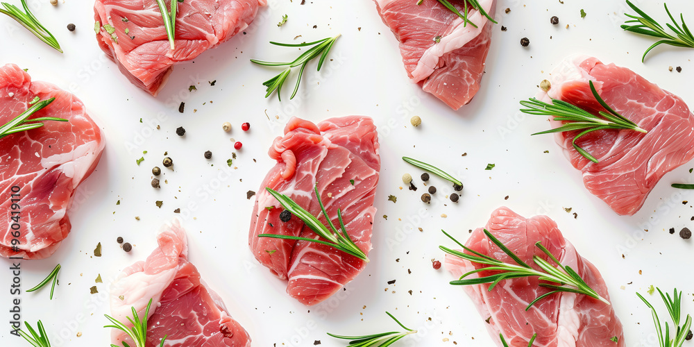 Raw pork meat with rosemary and peppercorns on white background Raw pork meat with rosemary and peppercorns on white background